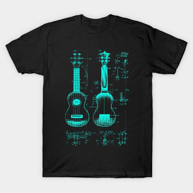 Neon Teal Ukulele Da Vinci Blueprint T-Shirt by Trip Tank